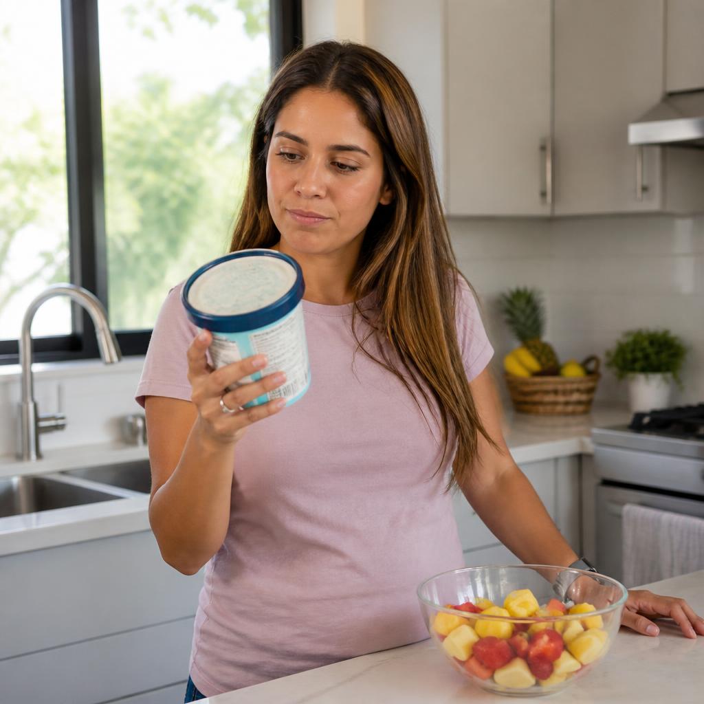 Mujer eligiendo entre helado industrial y fruta natural