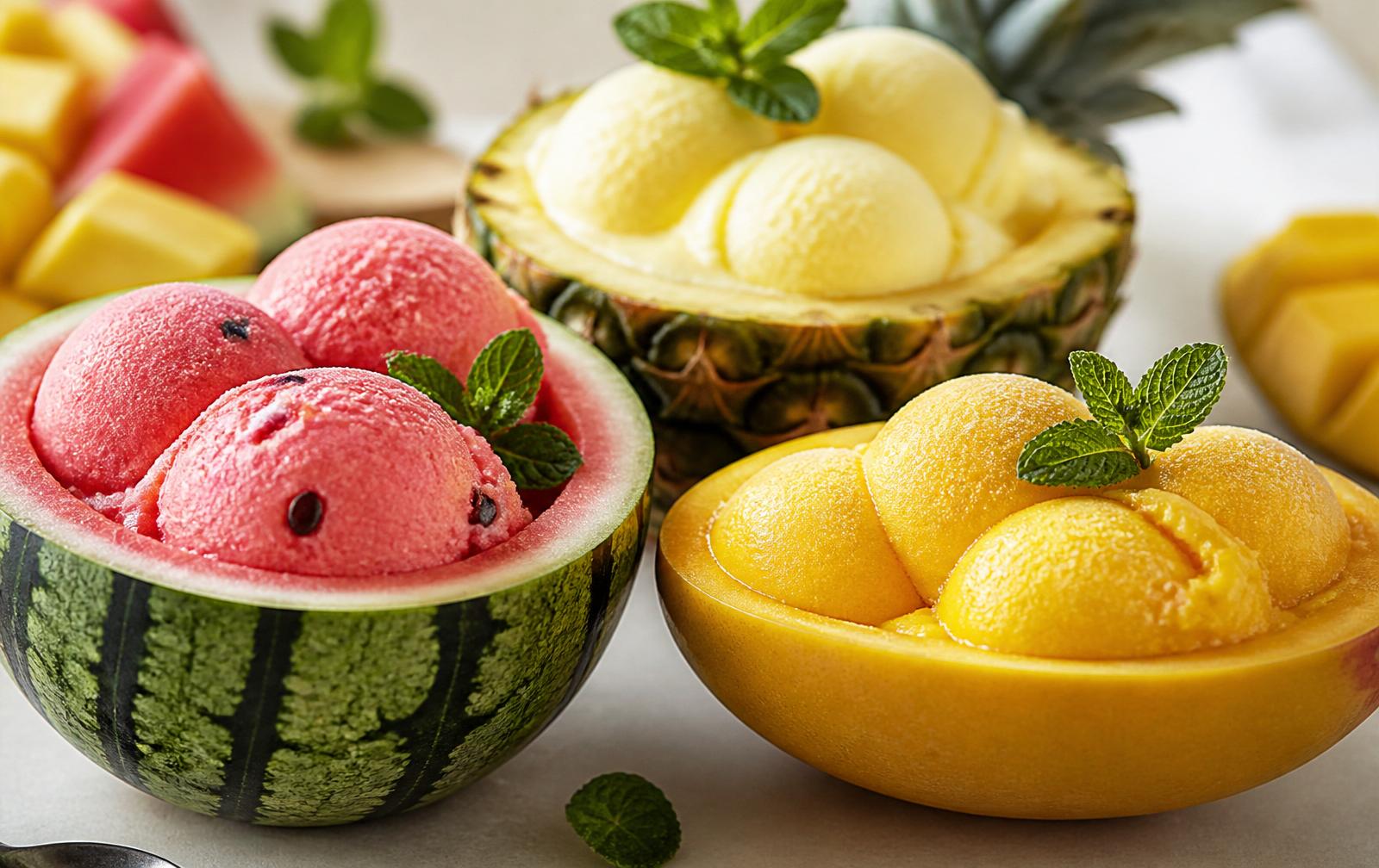 Helados de fruta cremosos servidos en sus propias cáscaras